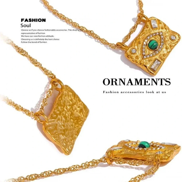 Malachite 18KGold Plated Stainless Steel Waterproof Protect Eyes Necklace - Picture 5 of 10